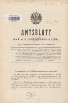 Amtsblatt des k. u. k. Kreiskommandos in Lublin.1915, Stück 1 (15 November) + dod.