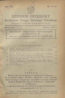 Dziennik Urzędowy Kuratorium Okręgu Szkolnego Poleskiego.R.8, nr 4 (kwiecień 1931) = nr 63 + dod.