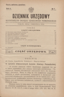 Dziennik Urzędowy Kuratorjum Okręgu Szkolnego Pomorskiego.R.2, № 7 (1 września 1930)