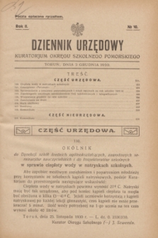 Dziennik Urzędowy Kuratorjum Okręgu Szkolnego Pomorskiego.R.2, № 10 (3 grudnia 1930) + dod.