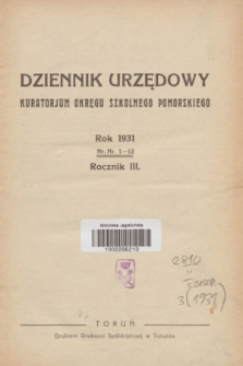 Dziennik Urzędowy Kuratorjum Okręgu Szkolnego Pomorskiego.R.3, Skorowidz (1931)