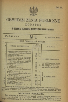 Obwieszczenia Publiczne : dodatek do Dziennika Urzędowego Ministerstwa Sprawiedliwości. R.4, № 8 (27 stycznia 1920)
