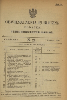Obwieszczenia Publiczne : dodatek do Dziennika Urzędowego Ministerstwa Sprawiedliwości. R.4, № 28 (7 kwietnia 1920)
