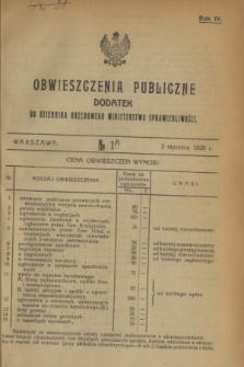 Obwieszczenia Publiczne : dodatek do Dziennika Urzędowego Ministerstwa Sprawiedliwości. R.4, № 1 A (3 stycznia 1920)