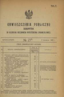Obwieszczenia Publiczne : dodatek do Dziennika Urzędowego Ministerstwa Sprawiedliwości. R.4, № 27 A (3 kwietnia 1920)