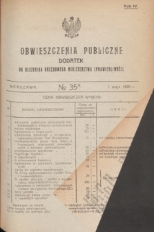Obwieszczenia Publiczne : dodatek do Dziennika Urzędowego Ministerstwa Sprawiedliwości. R.4, № 35 A (1 maja 1920)