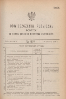 Obwieszczenia Publiczne : dodatek do Dziennika Urzędowego Ministerstwa Sprawiedliwości. R.4, № 51 A (30 czerwca 1920)