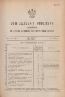 Obwieszczenia Publiczne : dodatek do Dziennika Urzędowego Ministerstwa Sprawiedliwości. R.4, № 52 A (3 lipca 1920)