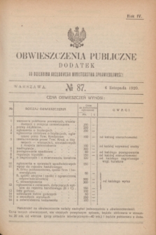 Obwieszczenia Publiczne : dodatek do Dziennika Urzędowego Ministerstwa Sprawiedliwości. R.4, № 87 (6 listopada 1920)