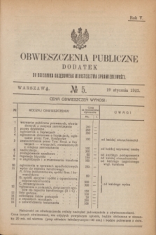Obwieszczenia Publiczne : dodatek do Dziennika Urzędowego Ministerstwa Sprawiedliwości. R.5, № 5 (19 stycznia 1921)