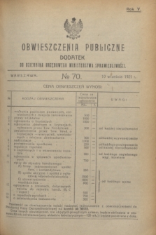 Obwieszczenia Publiczne : dodatek do Dziennika Urzędowego Ministerstwa Sprawiedliwości. R.5, № 70 (10 września 1921)