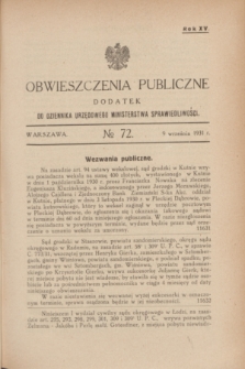 Obwieszczenia Publiczne : dodatek do Dziennika Urzędowego Ministerstwa Sprawiedliwości. R.15, № 72 (2 września 1931)