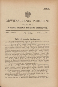 Obwieszczenia Publiczne : dodatek do Dziennika Urzędowego Ministerstwa Sprawiedliwości. R.15, № 93 A (21 listopada 1931)