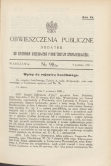 Obwieszczenia Publiczne : dodatek do Dziennika Urzędowego Ministerstwa Sprawiedliwości. R.15, № 98 A (9 grudnia 1931)