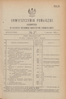 Obwieszczenia Publiczne : dodatek do Dziennika Urzędowego Ministerstwa Sprawiedliwości. R.6, № 2 A (7 stycznia 1922)
