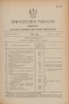 Obwieszczenia Publiczne : dodatek do Dziennika Urzędowego Ministerstwa Sprawiedliwości. R.6, № 14 (18 lutego 1922)