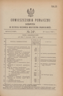 Obwieszczenia Publiczne : dodatek do Dziennika Urzędowego Ministerstwa Sprawiedliwości. R.6, № 24 A (29 marca 1922)