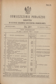Obwieszczenia Publiczne : dodatek do Dziennika Urzędowego Ministerstwa Sprawiedliwości. R.6, № 28 A (12 kwietnia 1922)