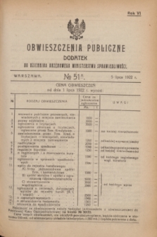 Obwieszczenia Publiczne : dodatek do Dziennika Urzędowego Ministerstwa Sprawiedliwości. R.6, № 51 A (5 lipca 1922)