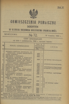 Obwieszczenia Publiczne : dodatek do Dziennika Urzędowego Ministerstwa Sprawiedliwości. R.6, № 72 (16 września 1922)