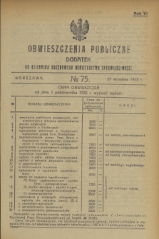 Obwieszczenia Publiczne : dodatek do Dziennika Urzędowego Ministerstwa Sprawiedliwości. R.6, № 75 (27 września 1922)