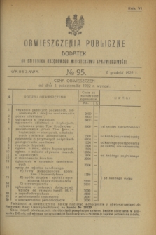 Obwieszczenia Publiczne : dodatek do Dziennika Urzędowego Ministerstwa Sprawiedliwości. R.6, № 95 (6 grudnia 1922)