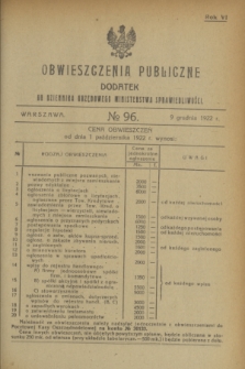 Obwieszczenia Publiczne : dodatek do Dziennika Urzędowego Ministerstwa Sprawiedliwości. R.6, № 96 (9 grudnia 1922)