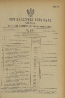 Obwieszczenia Publiczne : dodatek do Dziennika Urzędowego Ministerstwa Sprawiedliwości. R.6, № 98 A (16 grudnia 1922)
