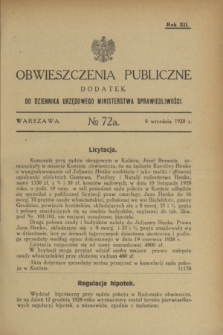 Obwieszczenia Publiczne : dodatek do Dziennika Urzędowego Ministerstwa Sprawiedliwości. R.12, № 72 A (8 września 1928)