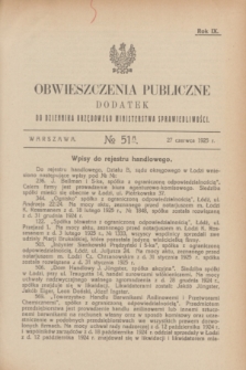 Obwieszczenia Publiczne : dodatek do Dziennika Urzędowego Ministerstwa Sprawiedliwości. R.9, № 51 A (27 czerwca 1925)