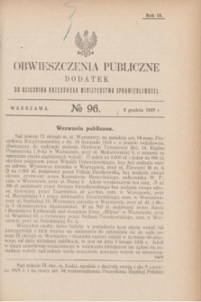 Obwieszczenia Publiczne : dodatek do Dziennika Urzędowego Ministerstwa Sprawiedliwości. R.9, № 96 (2 grudnia 1925)