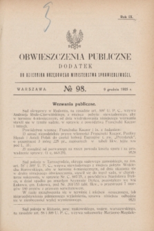 Obwieszczenia Publiczne : dodatek do Dziennika Urzędowego Ministerstwa Sprawiedliwości. R.9, № 98 (9 grudnia 1925)