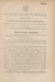 Obwieszczenia Publiczne : dodatek do Dziennika Urzędowego Ministerstwa Sprawiedliwości. R.13, № 1 A (2 stycznia 1929)