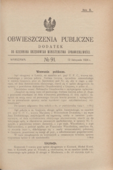 Obwieszczenia Publiczne : dodatek do Dziennika Urzędowego Ministerstwa Sprawiedliwości. R.10, № 91 (13 listopada 1926)