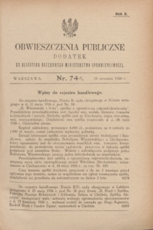 Obwieszczenia Publiczne : dodatek do Dziennika Urzędowego Ministerstwa Sprawiedliwości. R.10, № 74 A (15 września 1926)