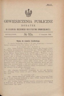 Obwieszczenia Publiczne : dodatek do Dziennika Urzędowego Ministerstwa Sprawiedliwości. R.10, № 92 A (17 listopada 1926)