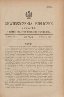 Obwieszczenia Publiczne : dodatek do Dziennika Urzędowego Ministerstwa Sprawiedliwości. R.10, № 92 B (17 listopada 1926)