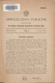 Obwieszczenia Publiczne : dodatek do Dziennika Urzędowego Ministerstwa Sprawiedliwości. R.14, № 1 (2 stycznia 1930)