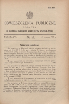 Obwieszczenia Publiczne : dodatek do Dziennika Urzędowego Ministerstwa Sprawiedliwości. R.14, № 51 (25 czerwca 1930)