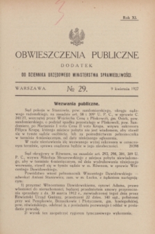 Obwieszczenia Publiczne : dodatek do Dziennika Urzędowego Ministerstwa Sprawiedliwości. R.11, № 29 (9 kwietnia 1927)