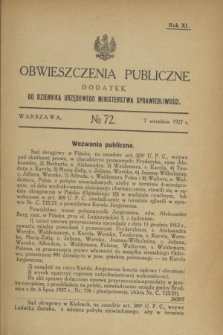 Obwieszczenia Publiczne : dodatek do Dziennika Urzędowego Ministerstwa Sprawiedliwości. R.11, № 72 (7 września 1927)