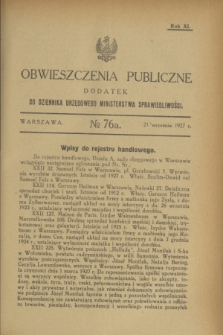 Obwieszczenia Publiczne : dodatek do Dziennika Urzędowego Ministerstwa Sprawiedliwości. R.11, № 76 A (21 września 1927)