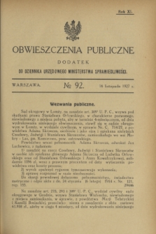 Obwieszczenia Publiczne : dodatek do Dziennika Urzędowego Ministerstwa Sprawiedliwości. R.11, № 92 (16 listopada 1927)