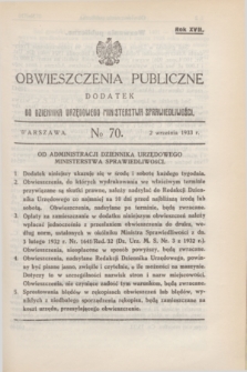 Obwieszczenia Publiczne : dodatek do Dziennika Urzędowego Ministerstwa Sprawiedliwości. R.17, № 70 (2 września 1933)