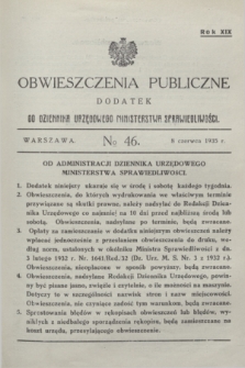 Obwieszczenia Publiczne : dodatek do Dziennika Urzędowego Ministerstwa Sprawiedliwości. R.19, № 46 (8 czerwca 1935)