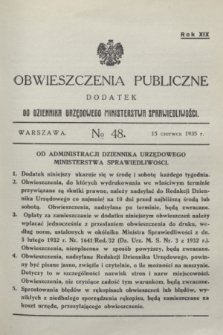 Obwieszczenia Publiczne : dodatek do Dziennika Urzędowego Ministerstwa Sprawiedliwości. R.19, № 48 (15 czerwca 1935)