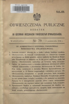 Obwieszczenia Publiczne : dodatek do Dziennika Urzędowego Ministerstwa Sprawiedliwości. R.19, № 79 (2 października 1935)