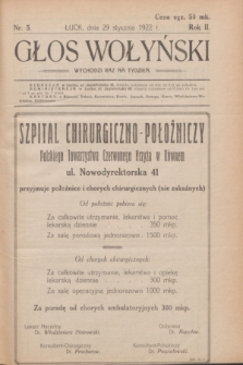 Głos Wołyński : wychodzi raz na tydzień : [czasopismo polityczno-społeczne i literackie].R.2, nr 5 (29 stycznia 1922)