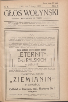 Głos Wołyński : wychodzi raz na tydzień : [czasopismo polityczno-społeczne i literackie].R.2, nr 6 (5 lutego 1922)