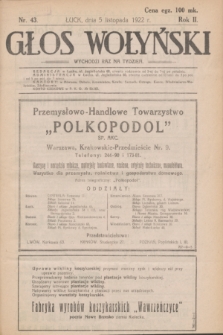 Głos Wołyński : wychodzi raz na tydzień : [czasopismo polityczno-społeczne i literackie].R.2, nr 43 (5 listopada 1922)